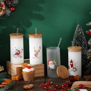 Festive/4 Pieces Christmas Glass Cups Set 16 oz/Bamboo Lids